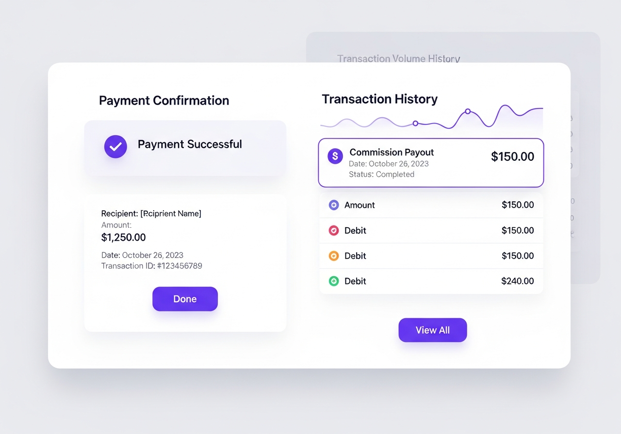 Payment dashboard showing commission payout